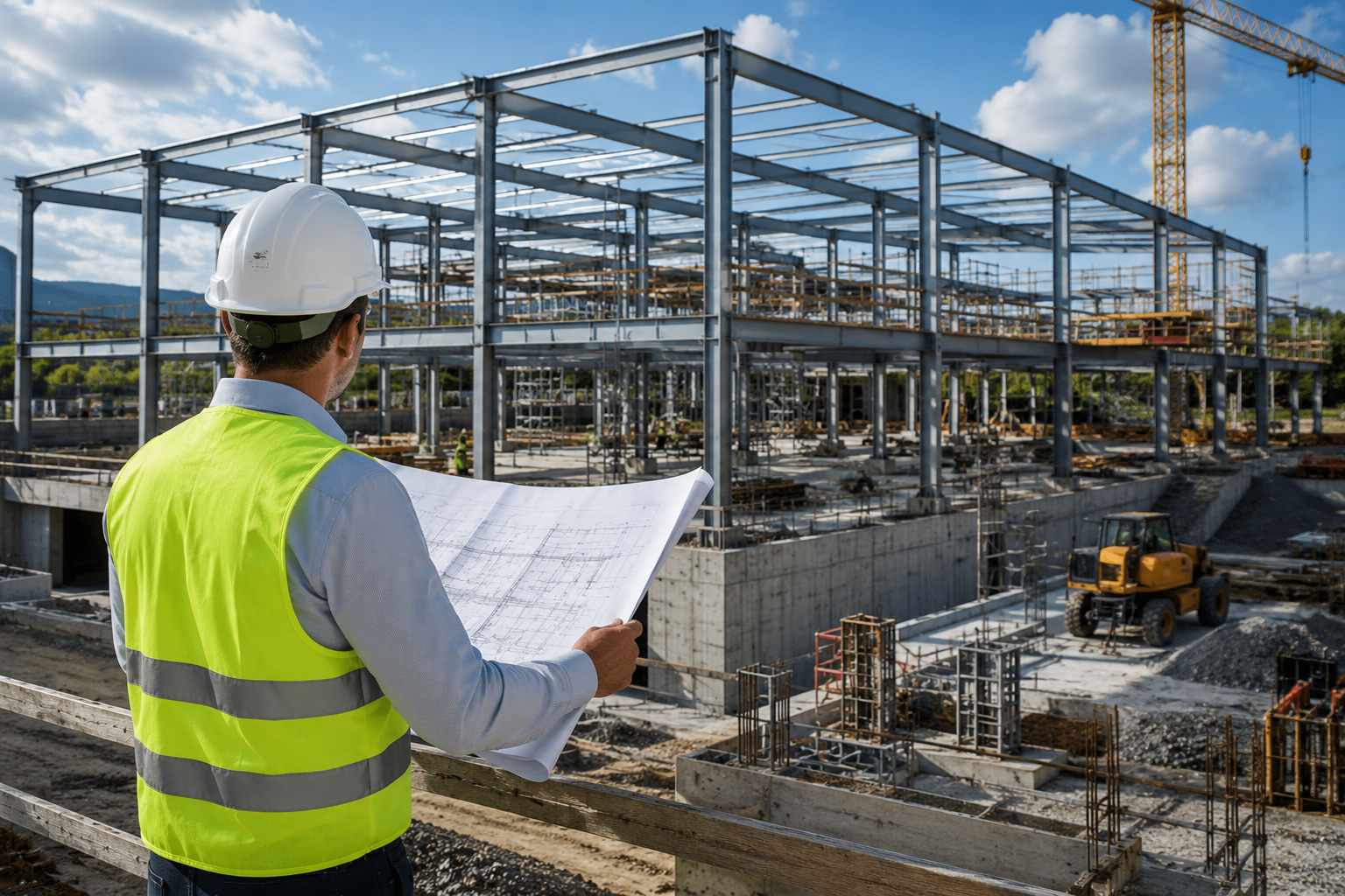 Ingegnere strutturale durante il sopralluogo in cantiere con elaborati progettuali per la verifica di una struttura in acciaio.