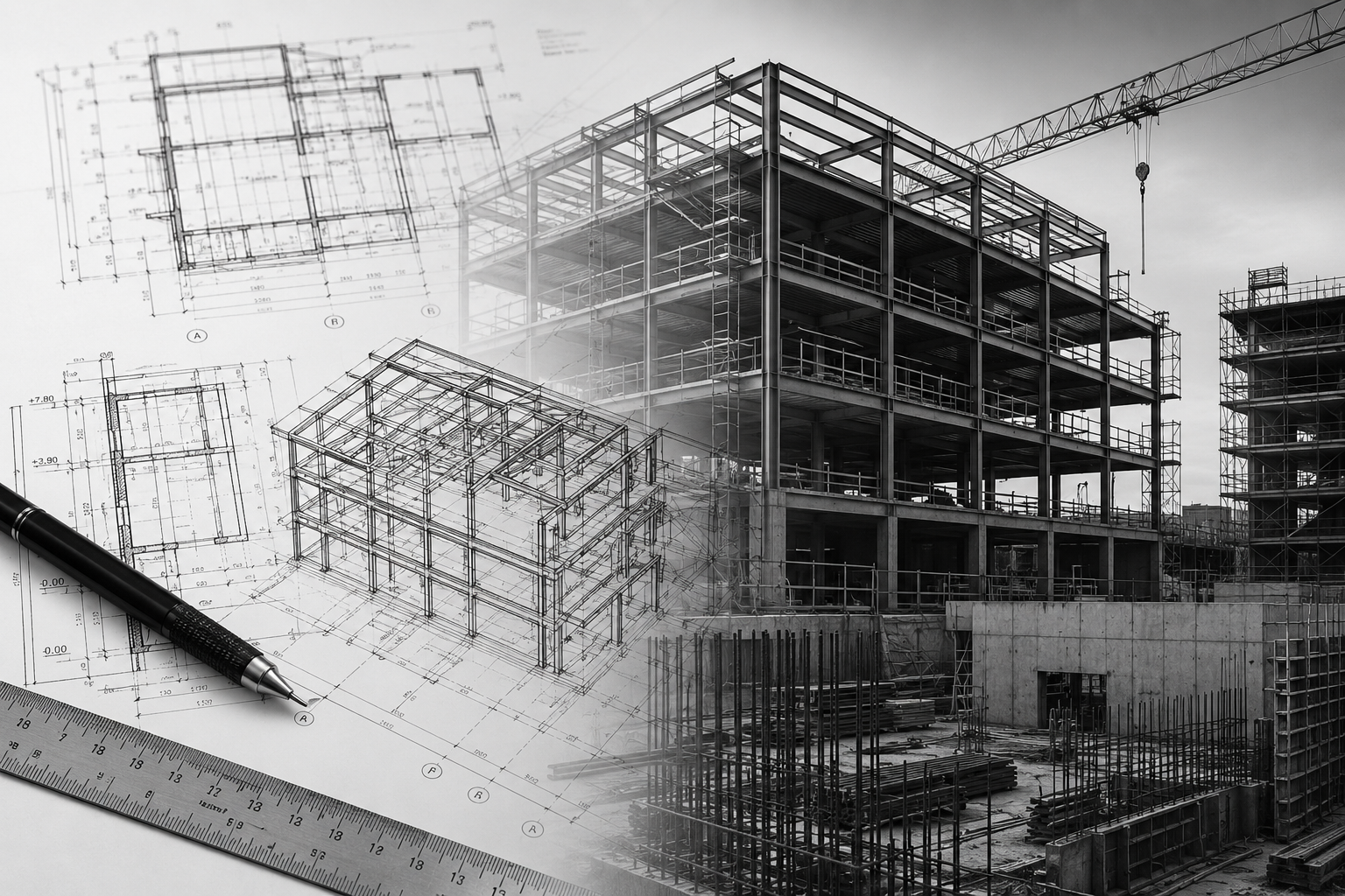 Rappresentazione del passaggio dalla progettazione strutturale alla realizzazione dell'opera in cantiere.