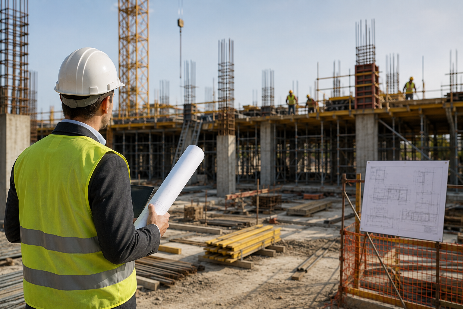 direzione-lavori-cantiere Direttore dei lavori durante il controllo delle opere in un cantiere edile, con verifica dell'avanzamento dei lavori e degli elaborati progettuali.