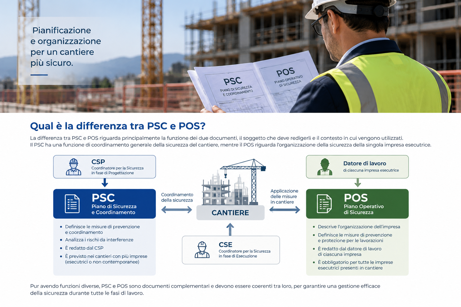 Differenza tra PSC e POS: ruoli, funzioni e responsabilità Infografica differenza PSC POS, con ruoli di CSP, CSE e datore di lavoro