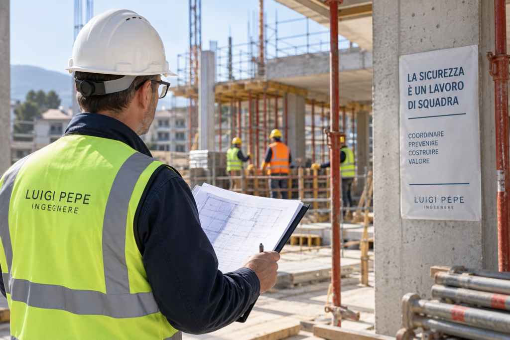 Coordinatore sicurezza in fase di esecuzione durante un sopralluogo in cantiere
